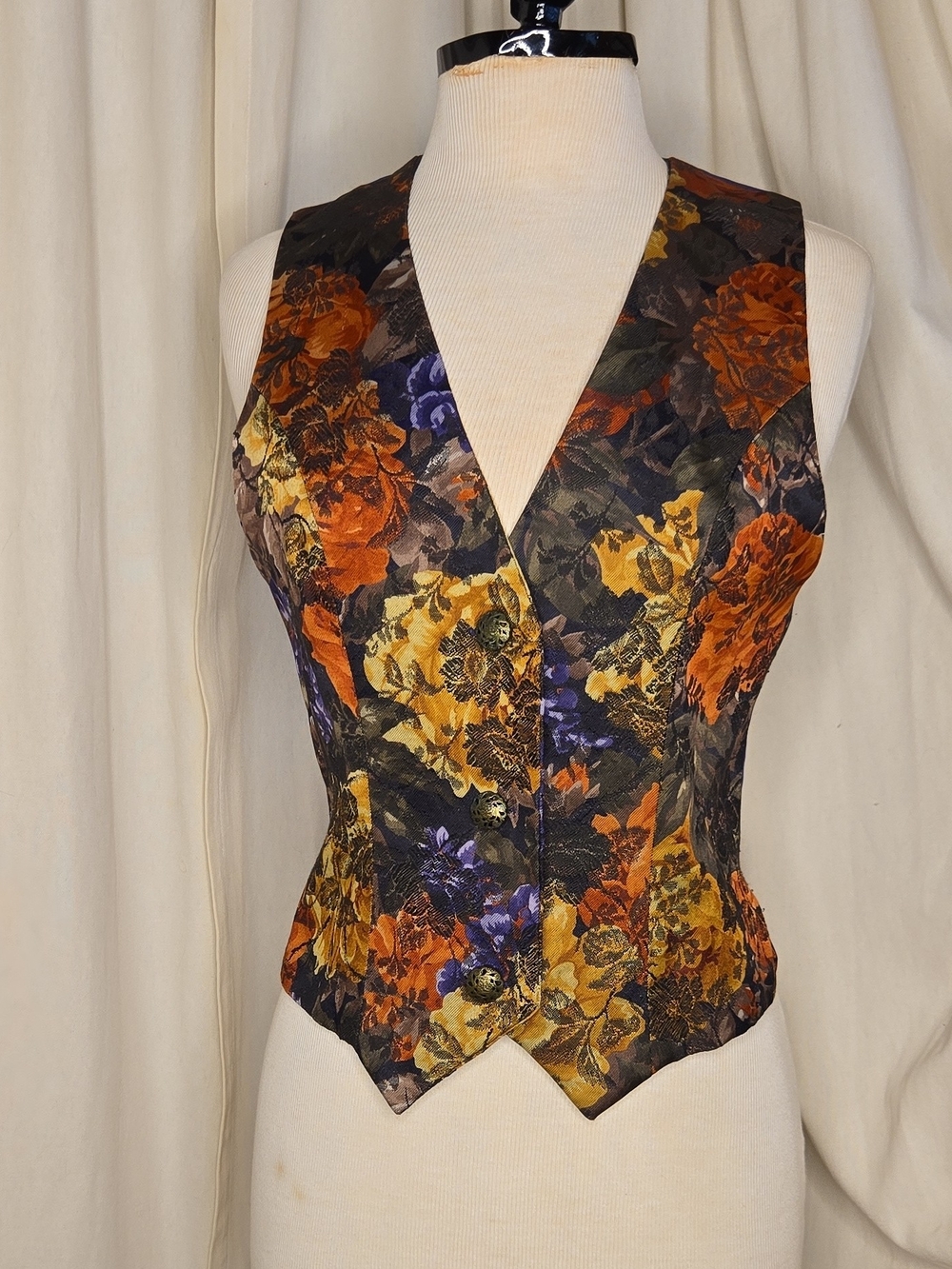 Floral Jacquard Sleeveless Bodysuit Vest in Black with Orange & Gold Floral